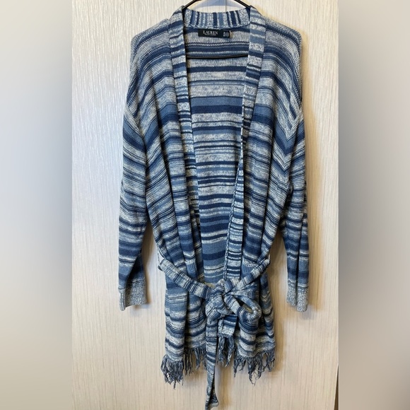 Lauren Ralph Lauren Belted Fringe Cardigan 2X | Blue Striped Linen Cotton blend - Picture 6 of 6